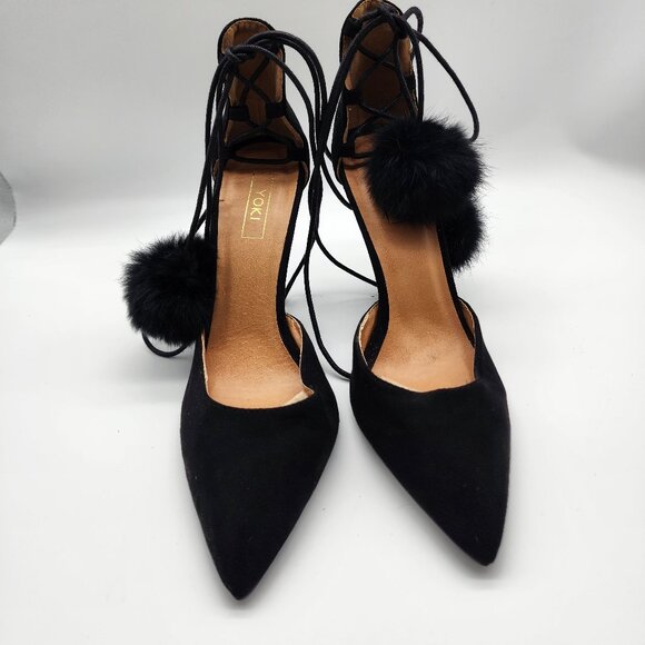 Yoki Elise  Women's Velvet Heels with Pom Poms Size 9.5 Black - Picture 1 of 14
